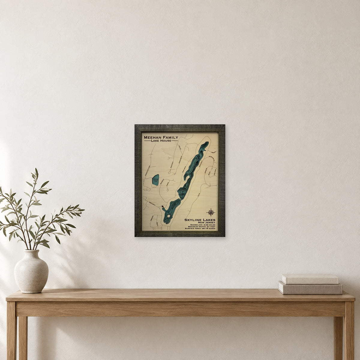 Skyline Meehan wood map — multilayer, staged room mockup