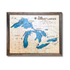 Small multilayer Great Lakes wooden map with walnut frame.