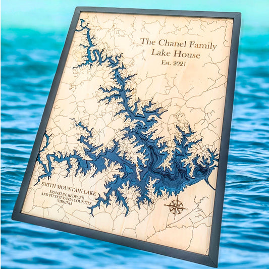 Framed lake map with personalized text against a blue water background.