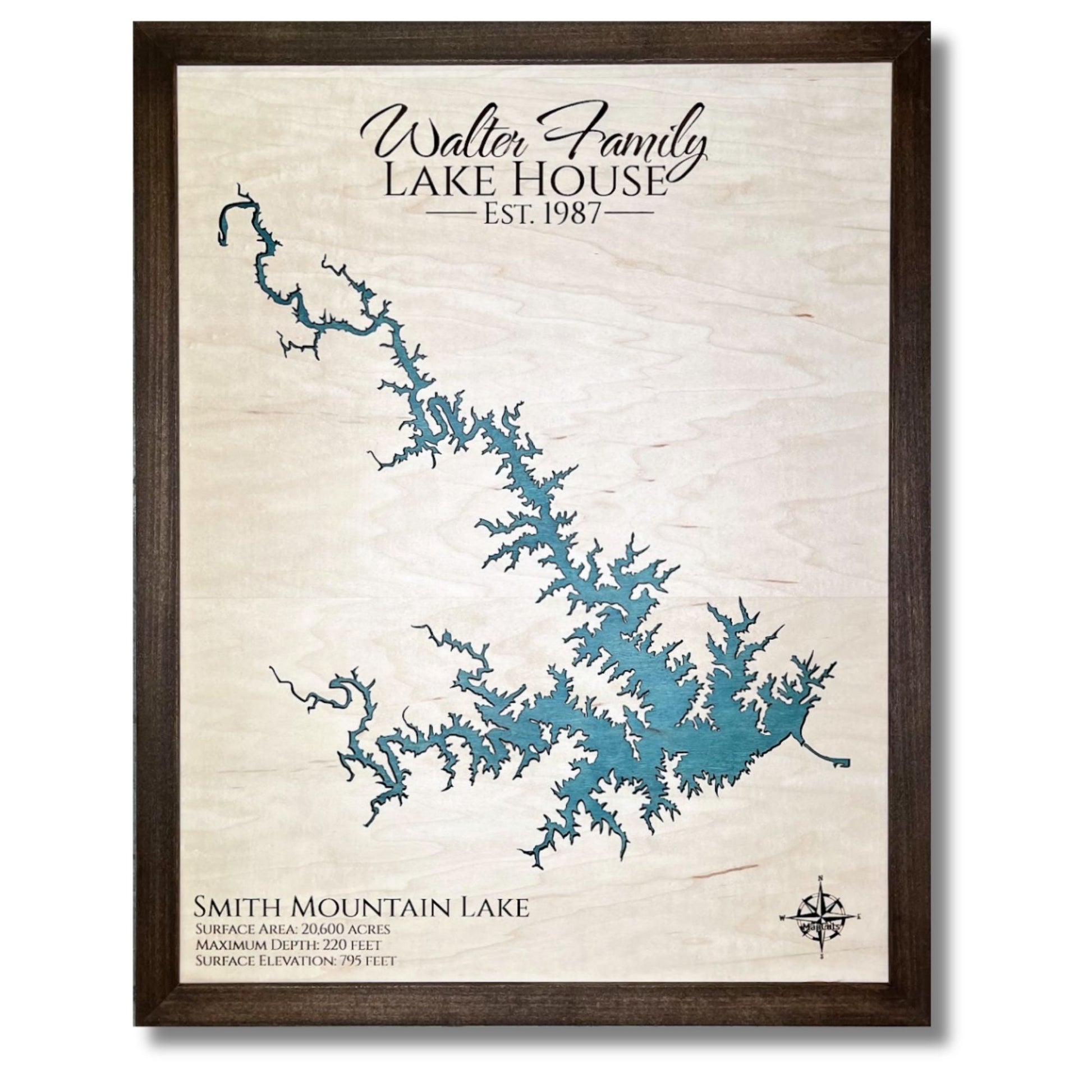 Framed map of Smith Mountain Lake with no roads.