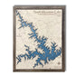 Multilayer wooden map of Smith Mountain Lake with a walnut frame on a white background.