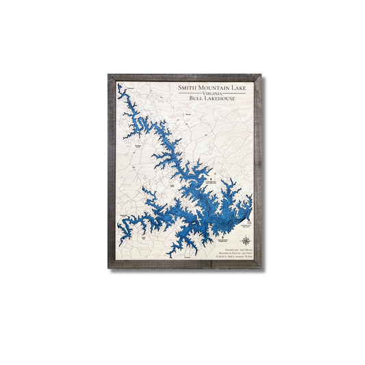 Framed map of Smith Mountain Lake, Virginia on a white background