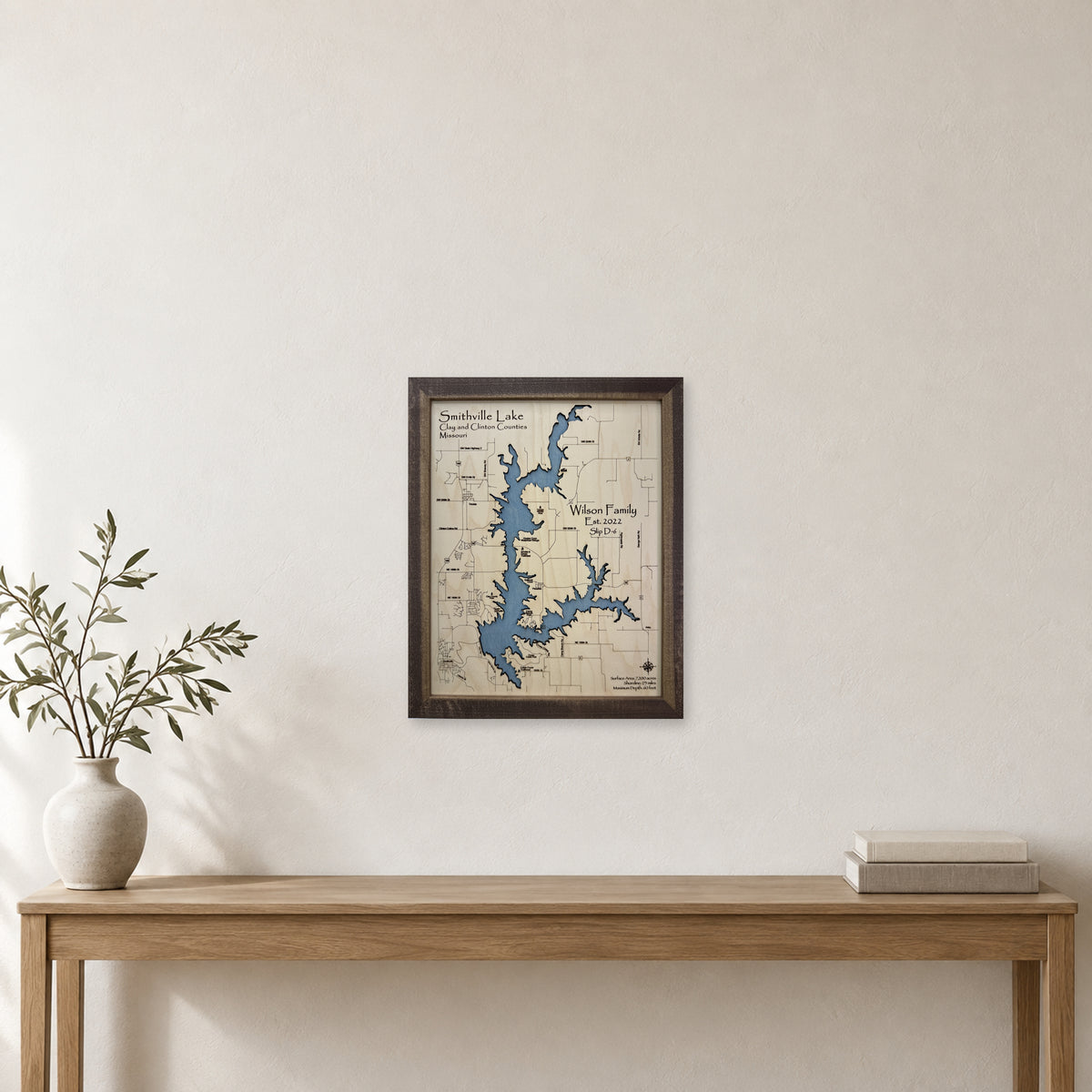 Smithville Wilson wood map — single layer, staged room mockup