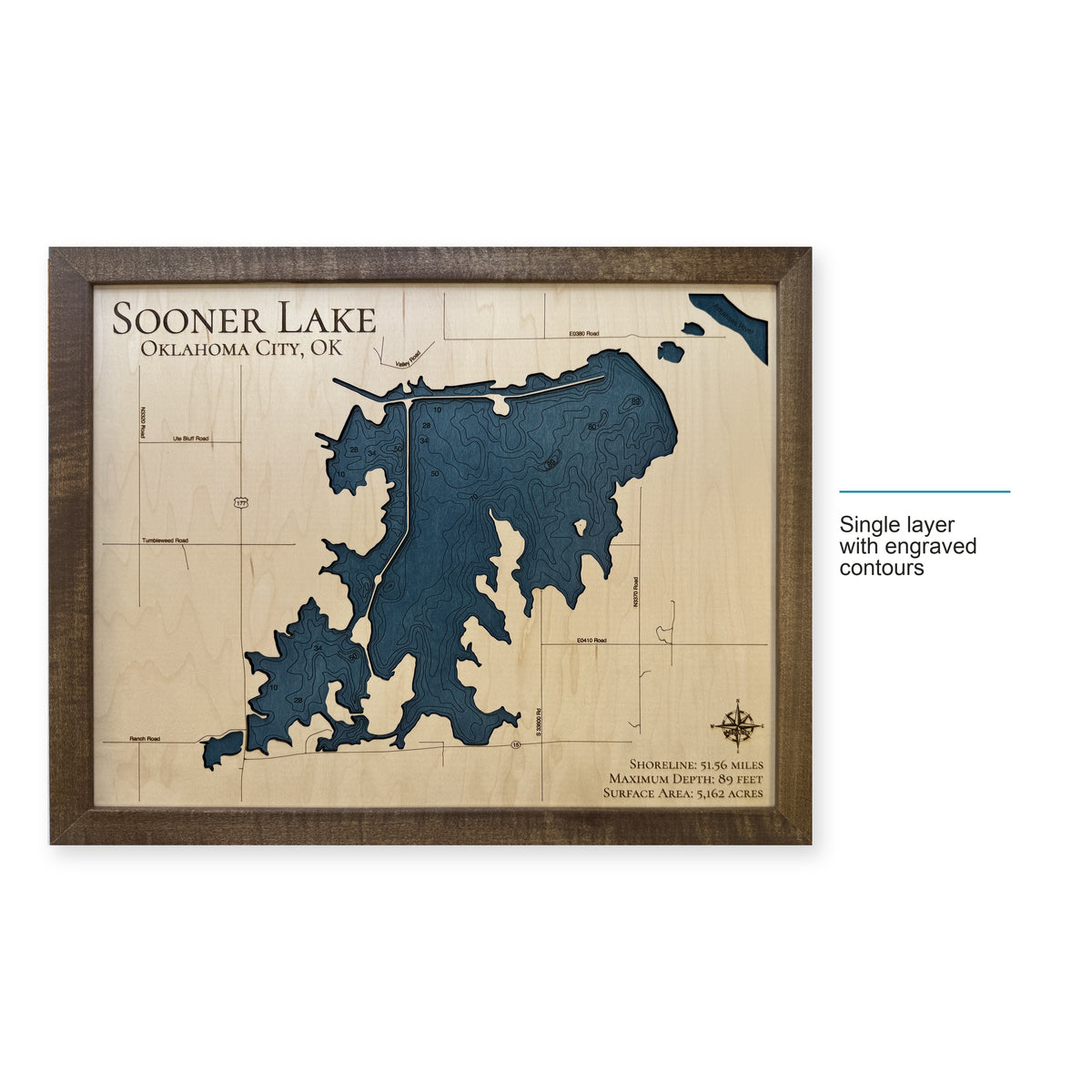 Sooner Lake wood map — single layer with engraved contours, layer option shown