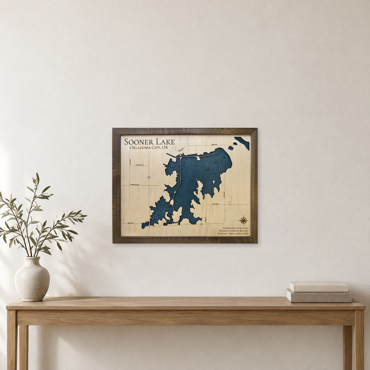 Sooner Lake wood map — single layer with engraved contours, staged room mockup