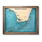 Wooden map of South Florida and the Keys with engraved text and multi water layers. 