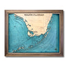 Wooden map of South Florida and the Keys with engraved text and multi water layers. 