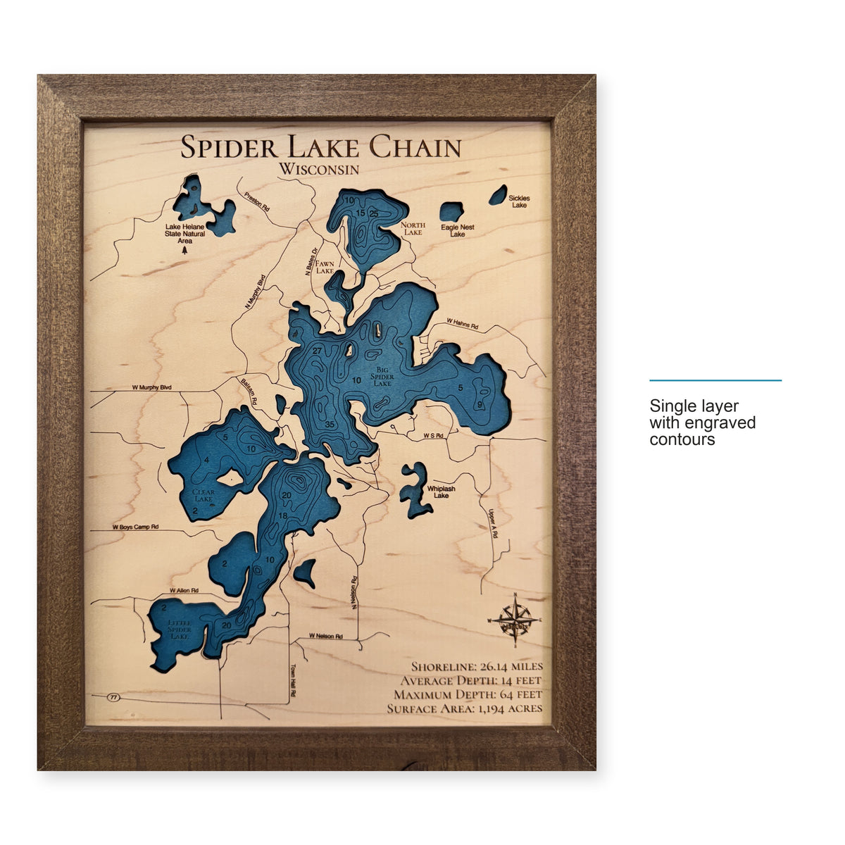 Spider Chain Walnut wood map — single layer with engraved contours, layer option shown