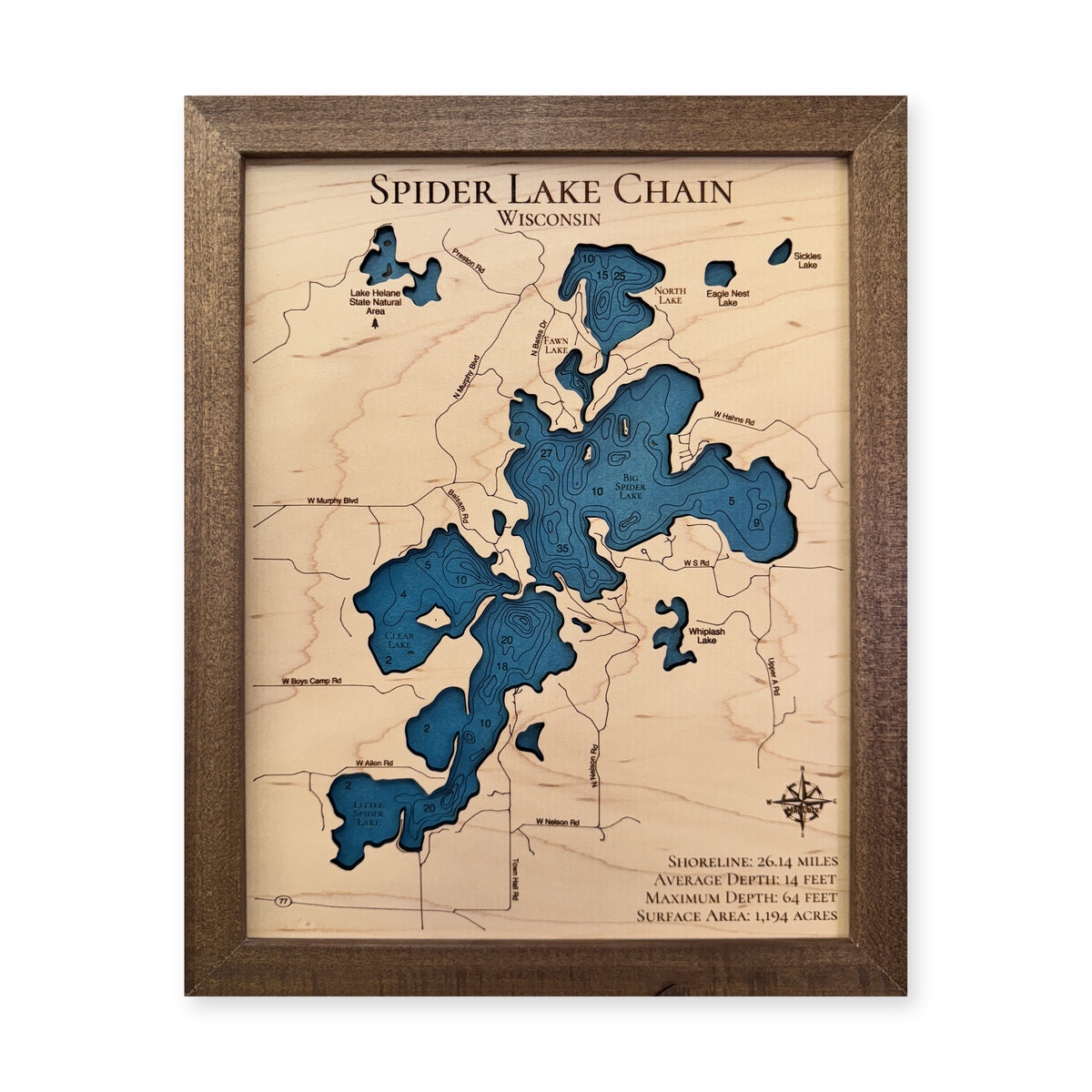 Spider Chain Walnut wood map — single layer with engraved contours, white background