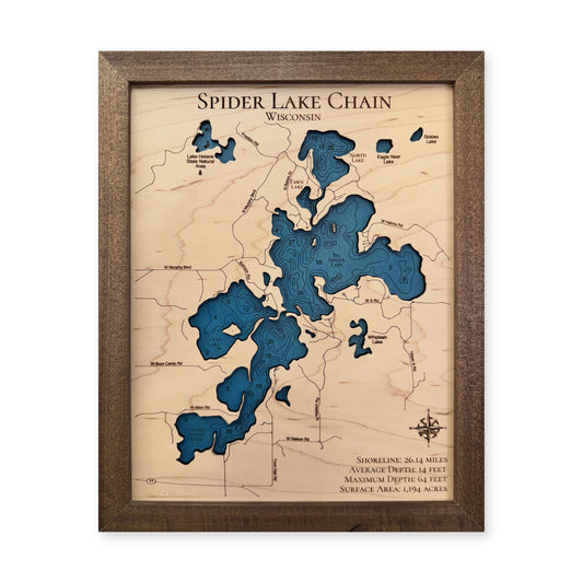 Spider Chain Walnut wood map — single layer with engraved contours, white background