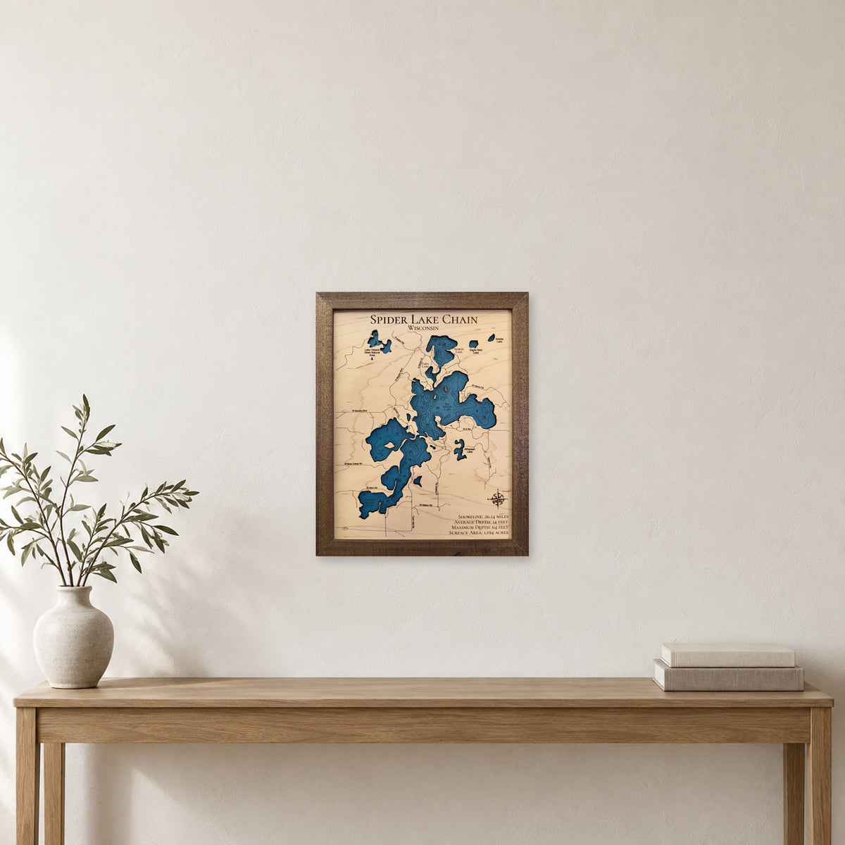 Spider Chain Walnut wood map — single layer with engraved contours, staged room mockup