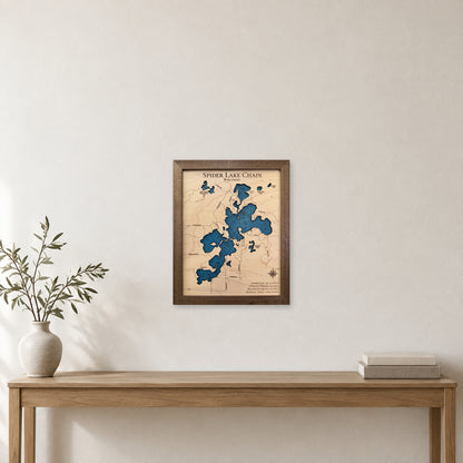 Spider Chain Walnut wood map — single layer with engraved contours, staged room mockup