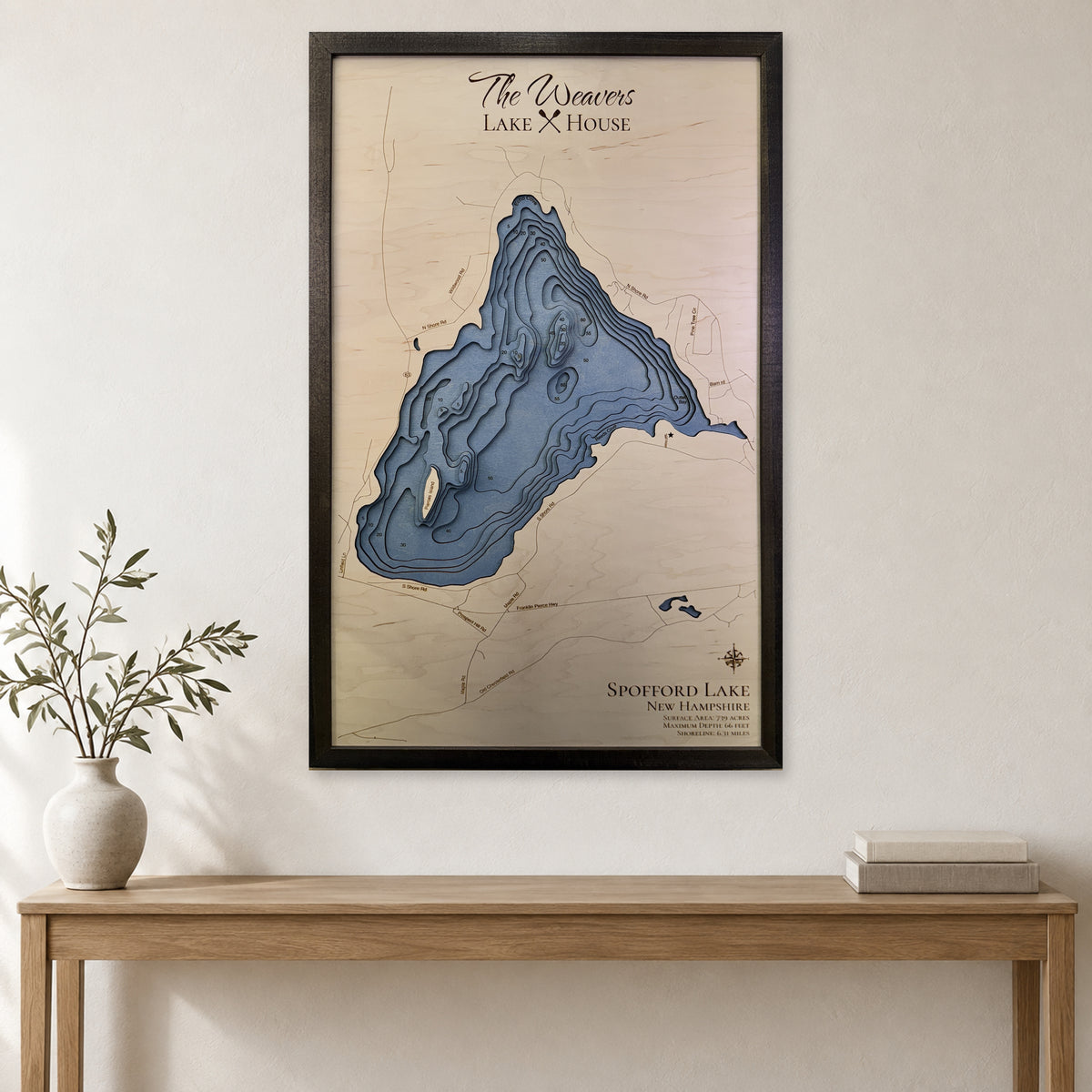 Spofford Weavers wood map — multilayer, staged room mockup