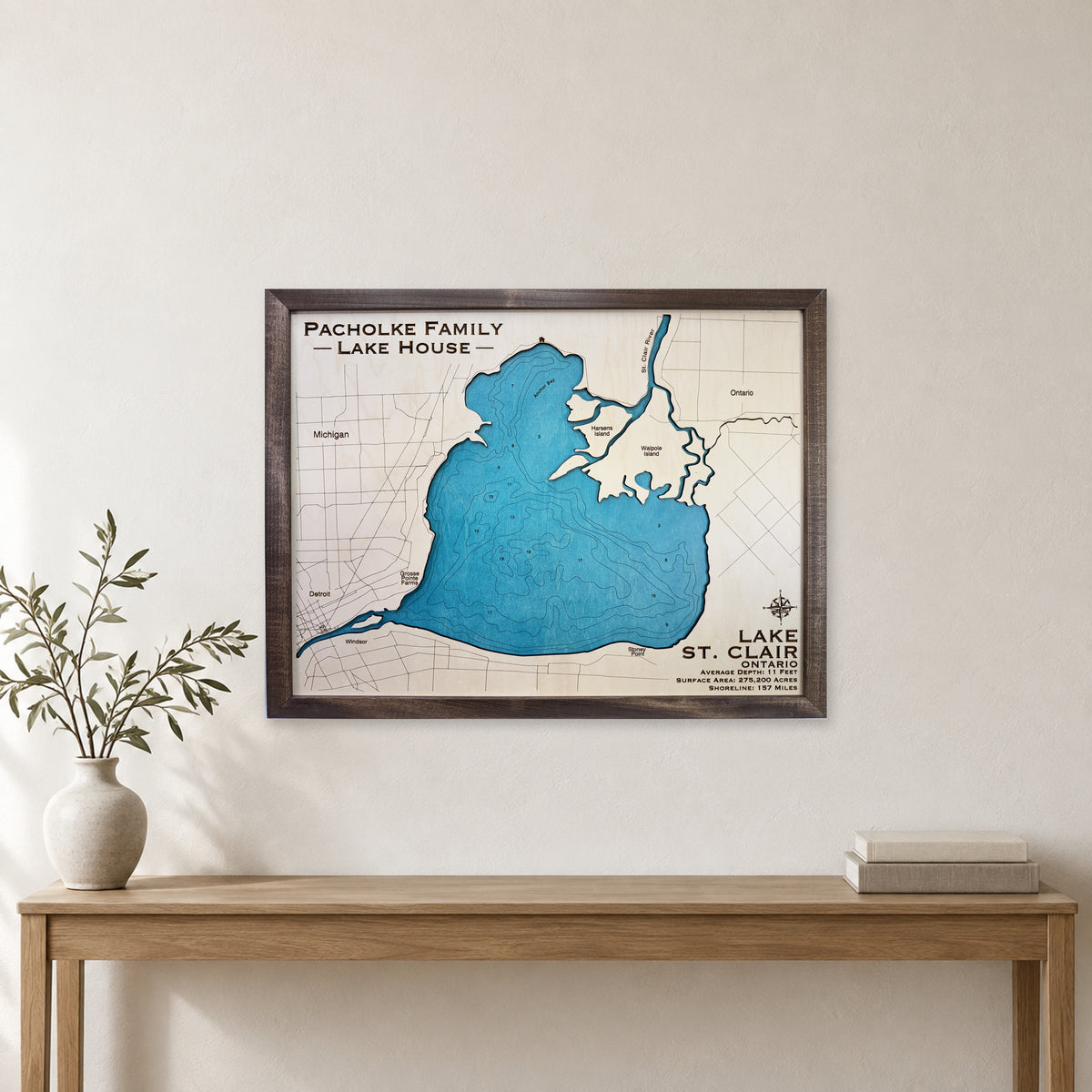 St Clair Pacholke wood map — single layer with engraved contours, staged room mockup