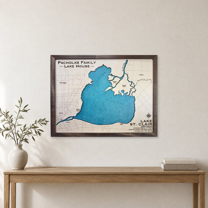 St Clair Pacholke wood map — single layer with engraved contours, staged room mockup