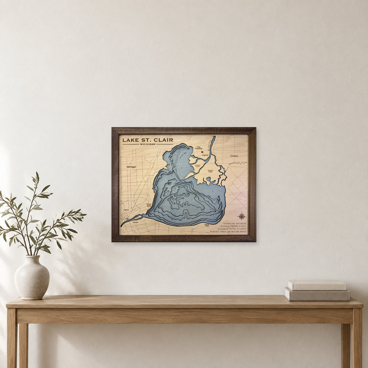St Clair Walnut wood map — multilayer, staged room mockup