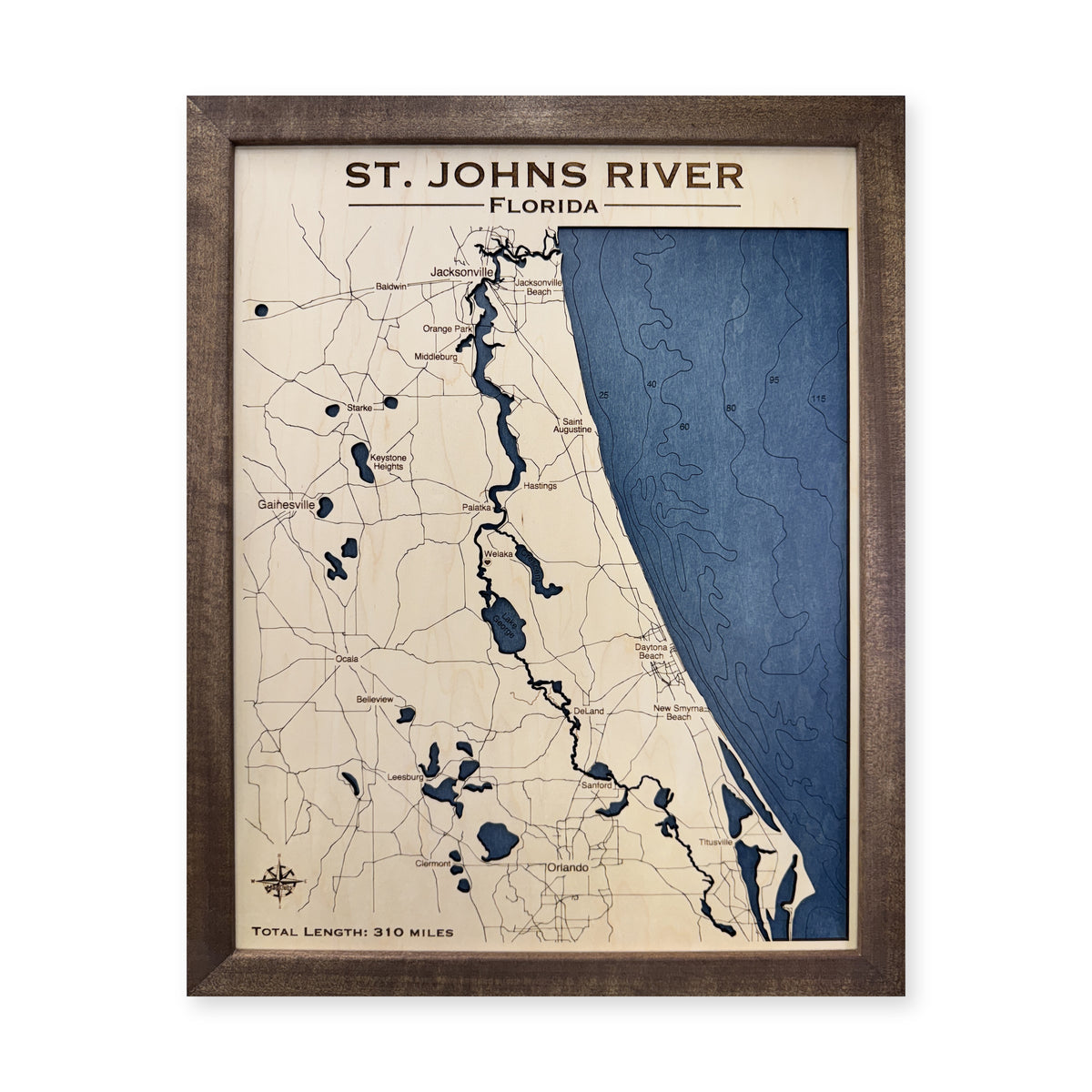 St Johns Bee wood map — single layer with engraved contours, white background