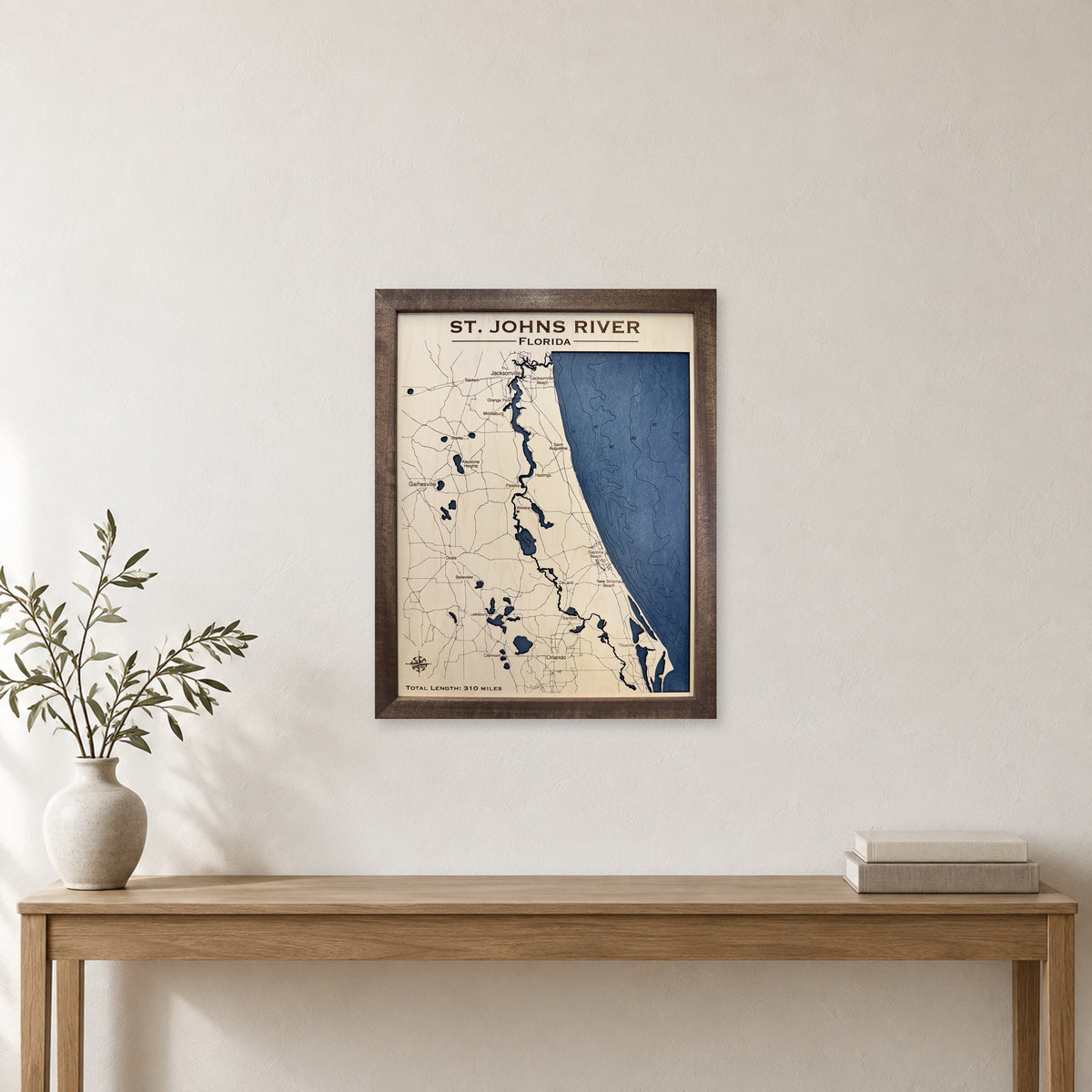 St Johns Bee wood map — single layer with engraved contours, staged room mockup