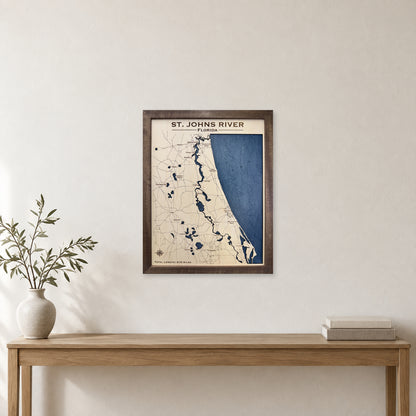 St Johns Bee wood map — single layer with engraved contours, staged room mockup