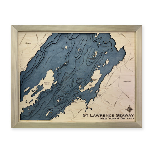 St Lawrence Seaway wood map — multilayer, white background