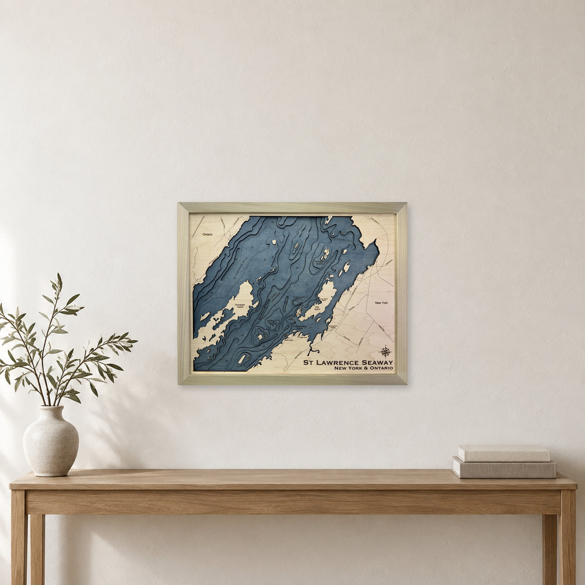St Lawrence Seaway wood map — multilayer, staged room mockup