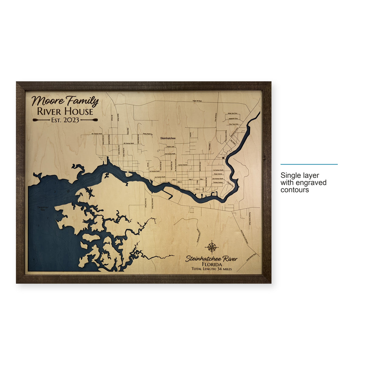 Steinhatchee Moore wood map — single layer with engraved contours, layer option shown
