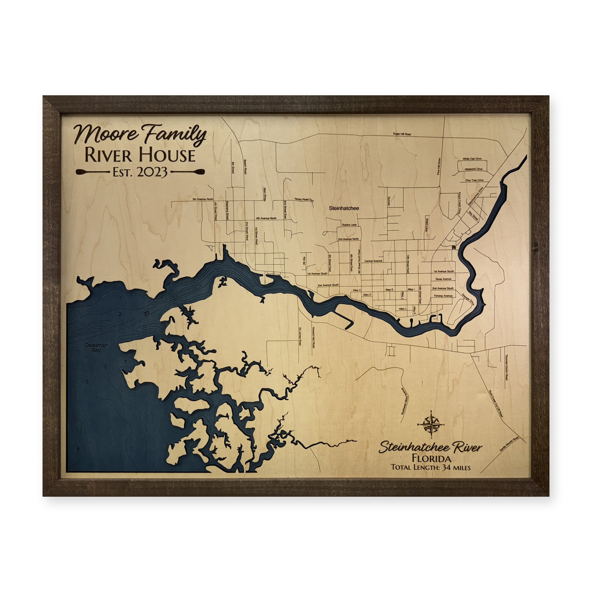 Steinhatchee Moore wood map — single layer with engraved contours, white background