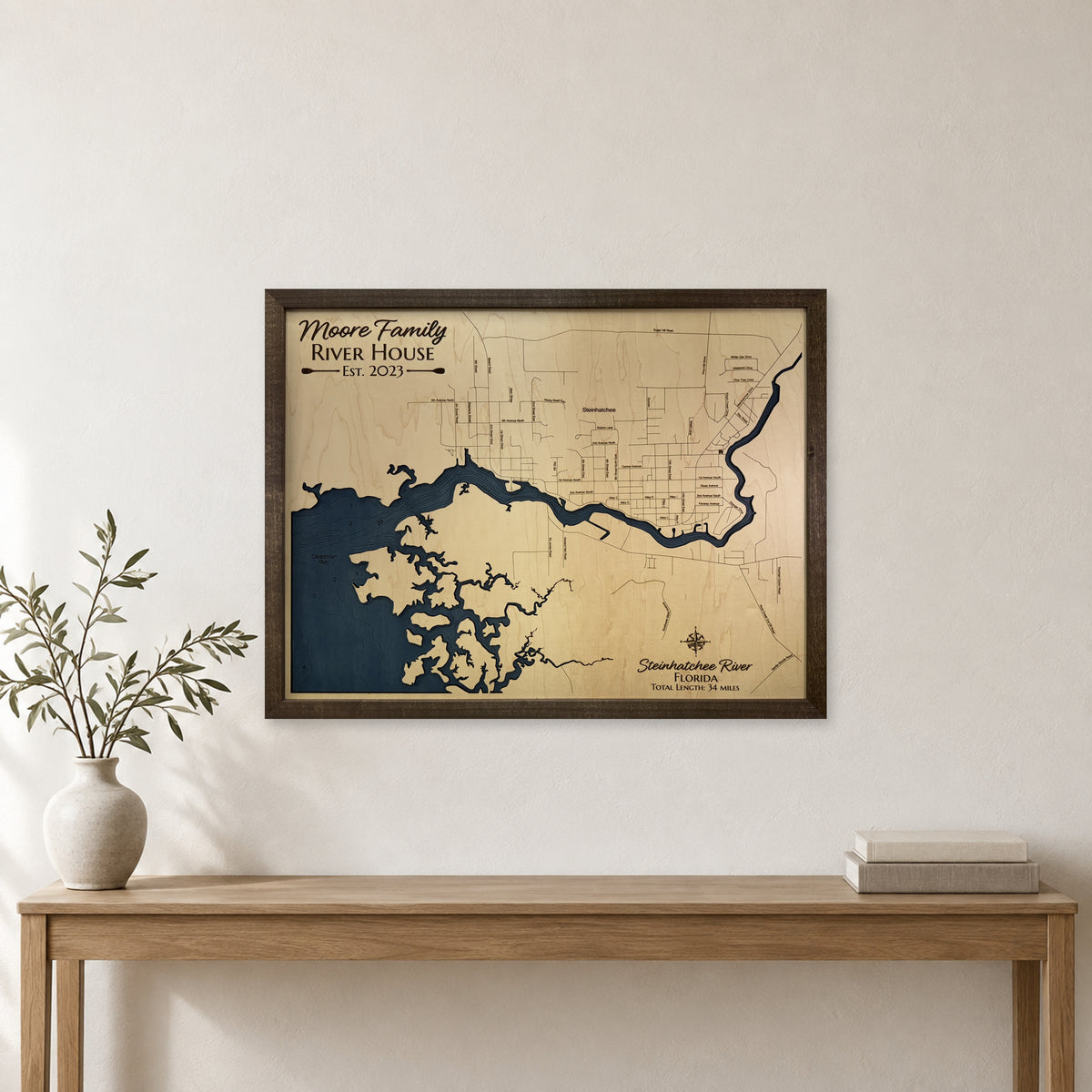 Steinhatchee Moore wood map — single layer with engraved contours, staged room mockup