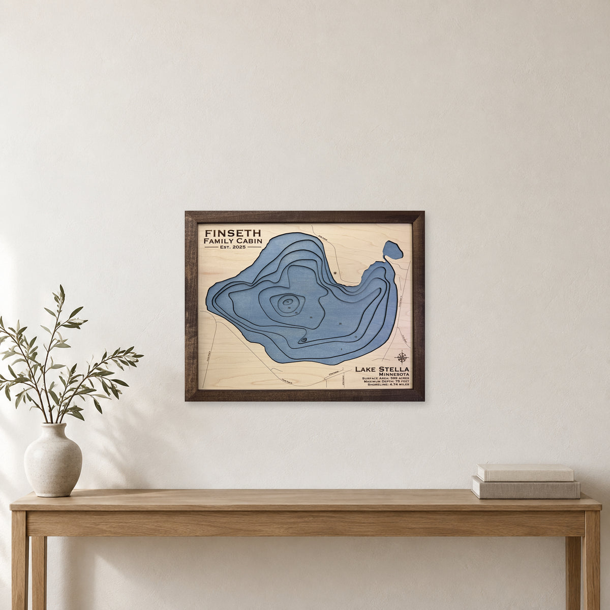 Stella Finseth wood map — multilayer, staged room mockup