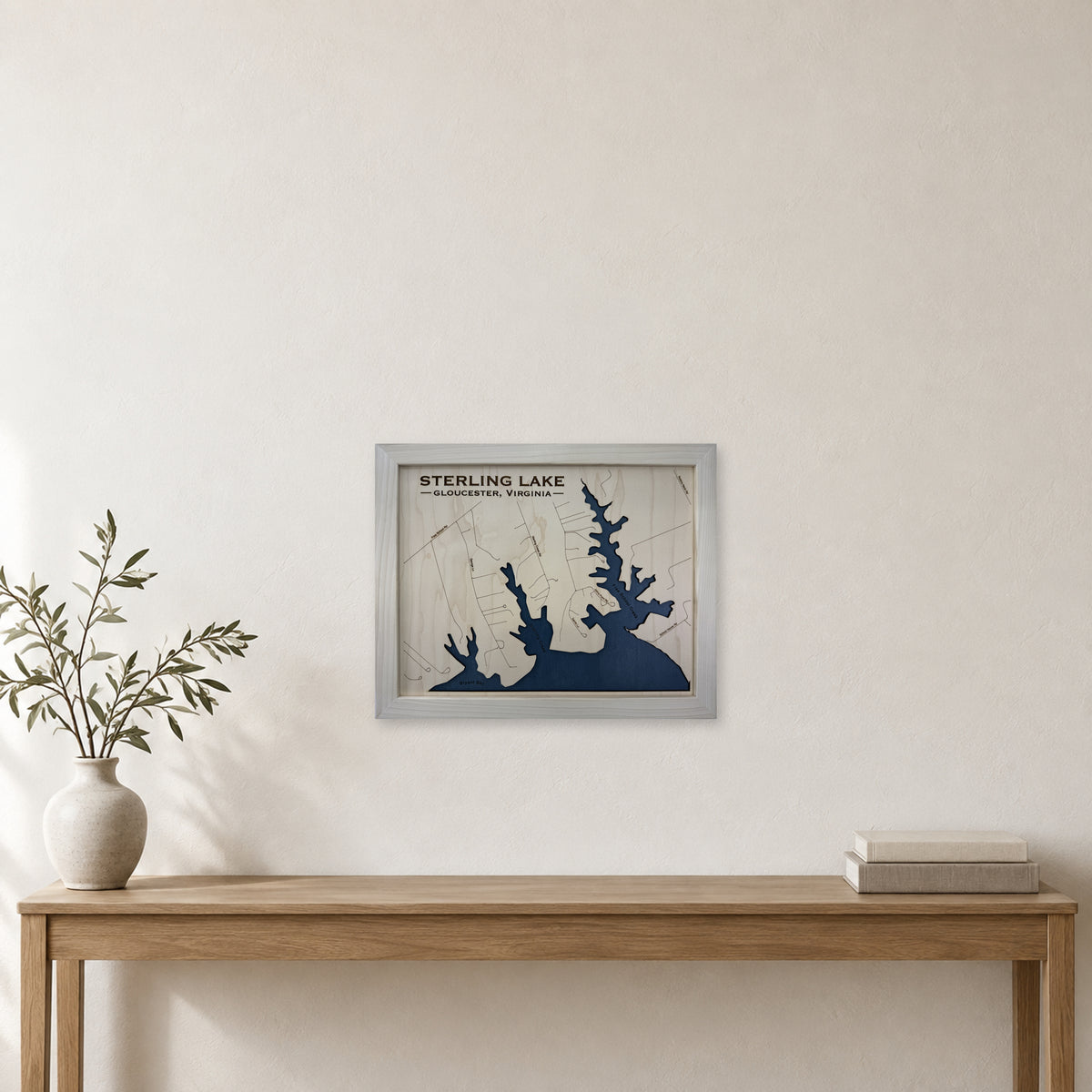 Sterling Gloucester wood map — single layer, staged room mockup