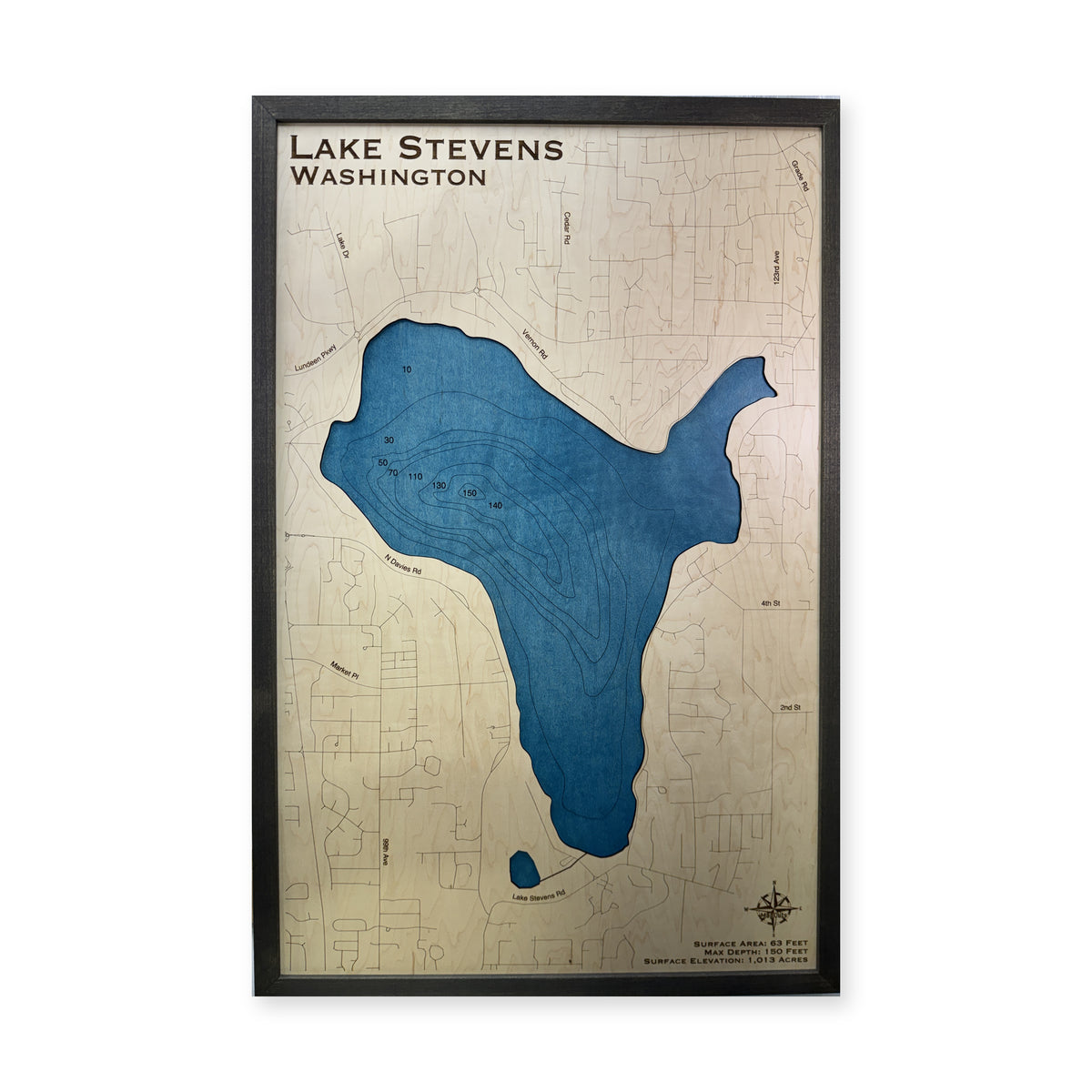 Stevens Engraved wood map — single layer with engraved contours, white background