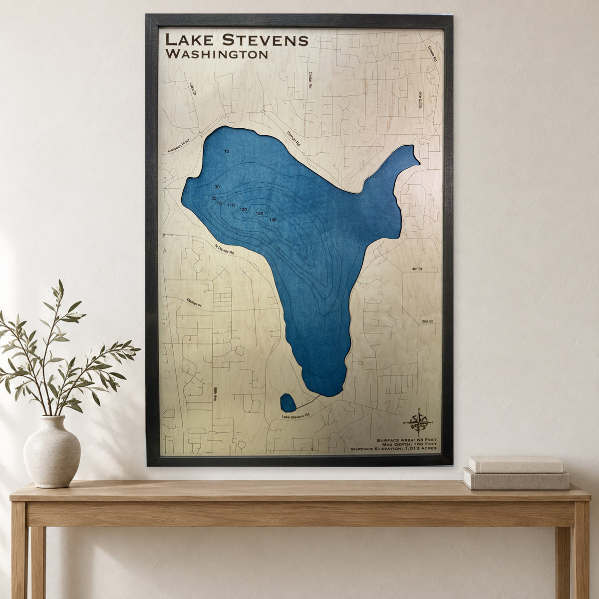 Stevens Engraved wood map — single layer with engraved contours, staged room mockup