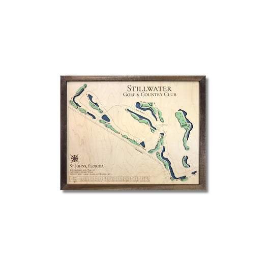 Framed wooden map of Stillwater Golf & Country Club on a white background.