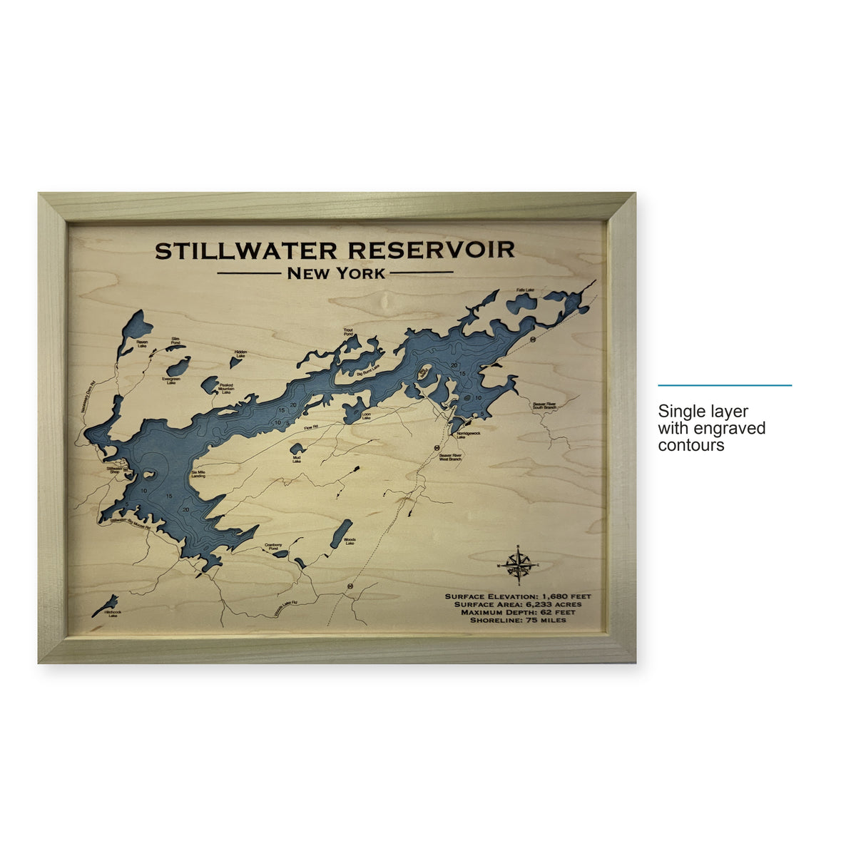 Stillwater Natural wood map — single layer with engraved contours, layer option shown