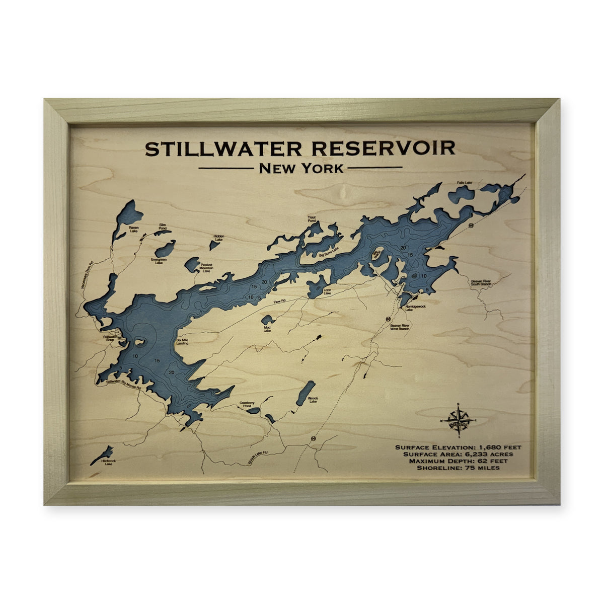 Stillwater Natural wood map — single layer with engraved contours, white background