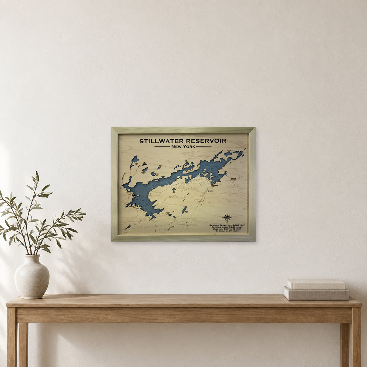 Stillwater Natural wood map — single layer with engraved contours, staged room mockup