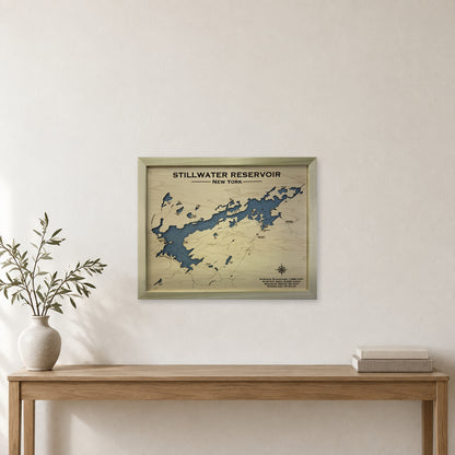 Stillwater Natural wood map — single layer with engraved contours, staged room mockup