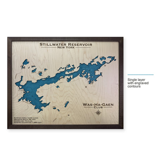 Stillwater Washagaen wood map — single layer with engraved contours, layer option shown