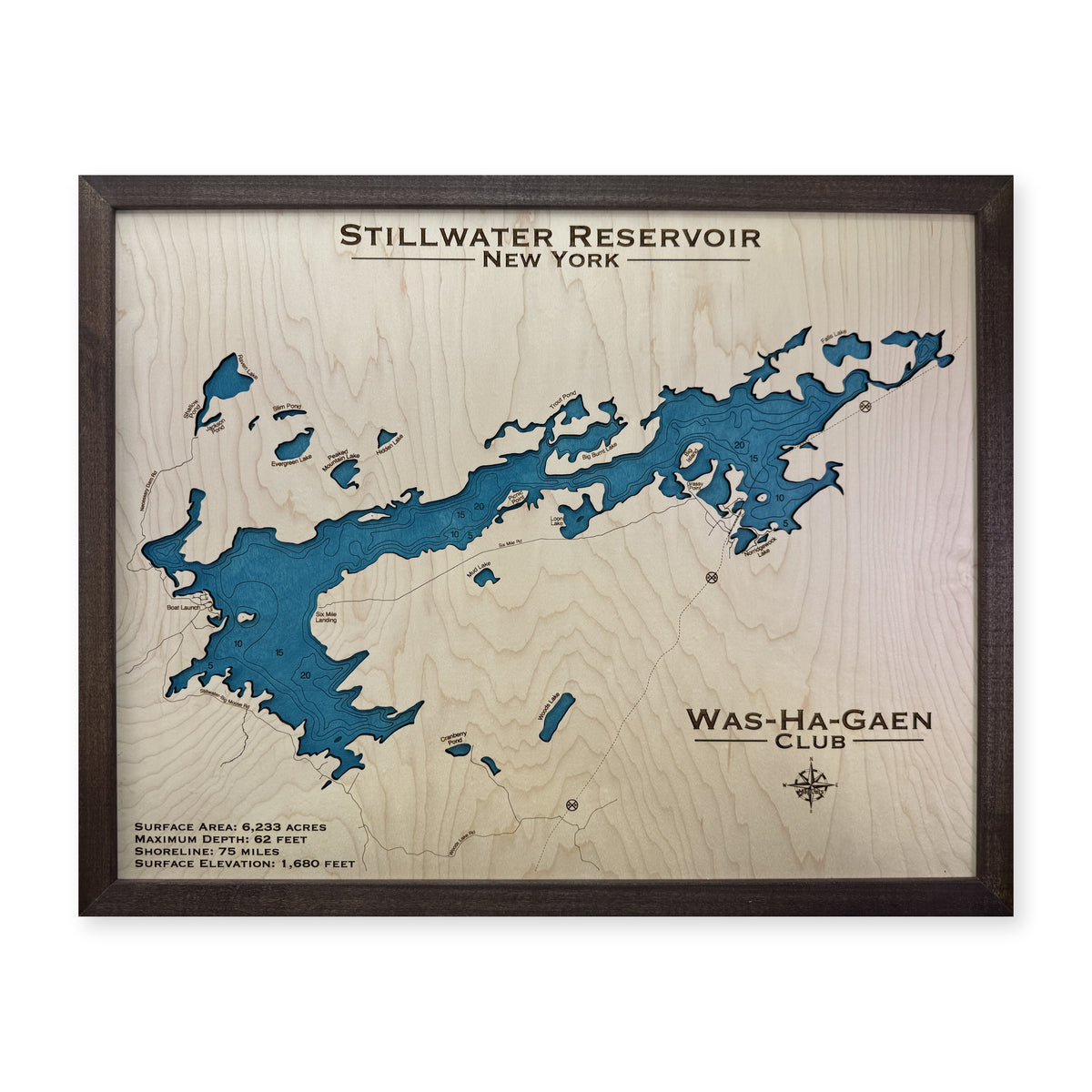 Stillwater Washagaen wood map — single layer with engraved contours, white background