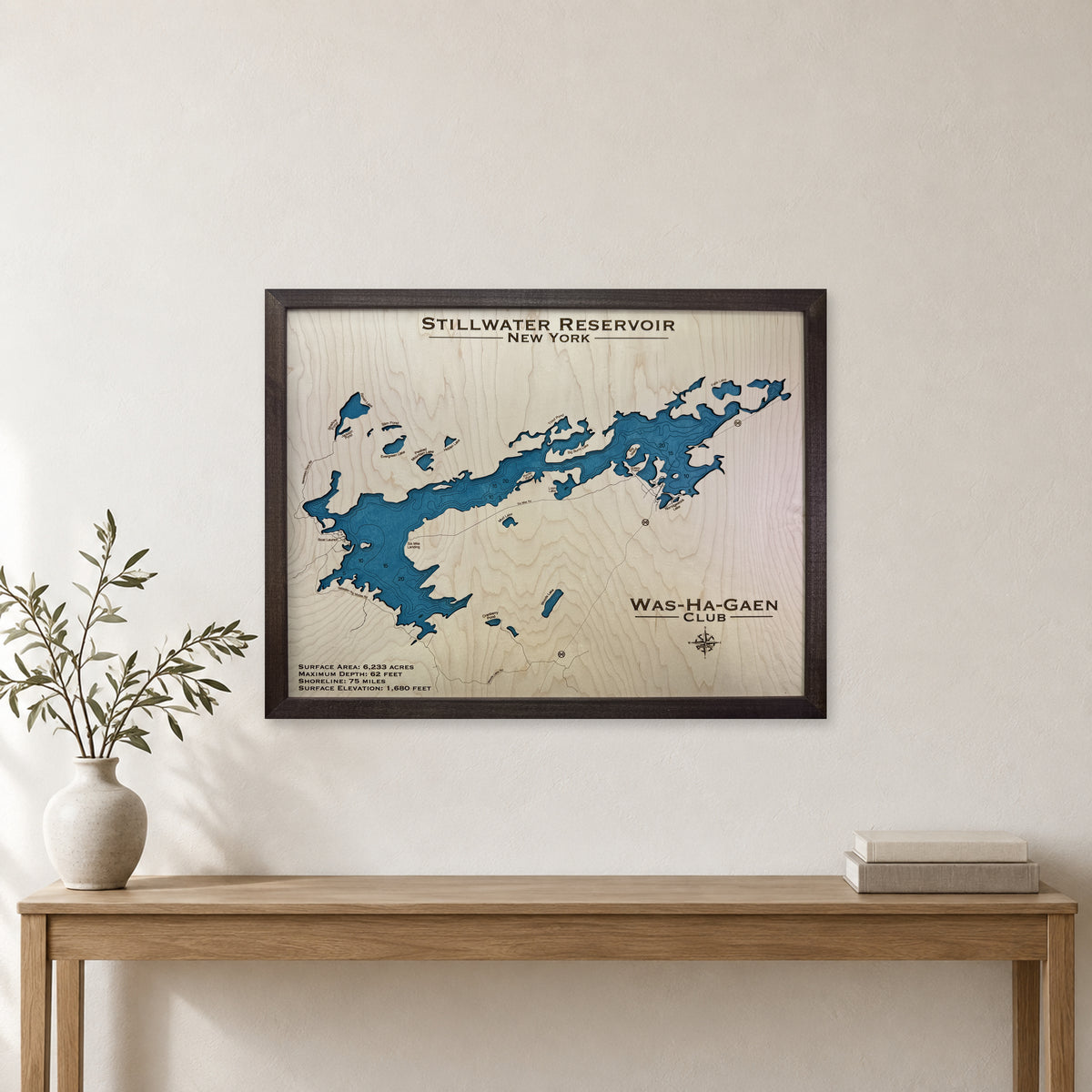 Stillwater Washagaen wood map — single layer with engraved contours, staged room mockup