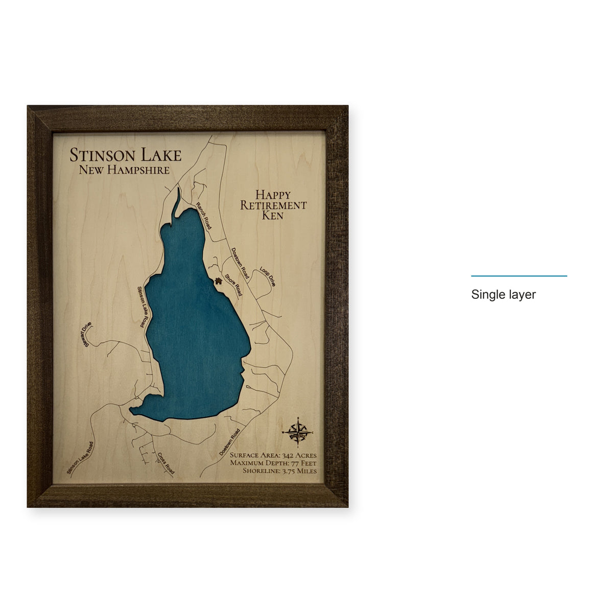 Stinson Retirement wood map — single layer, layer option shown