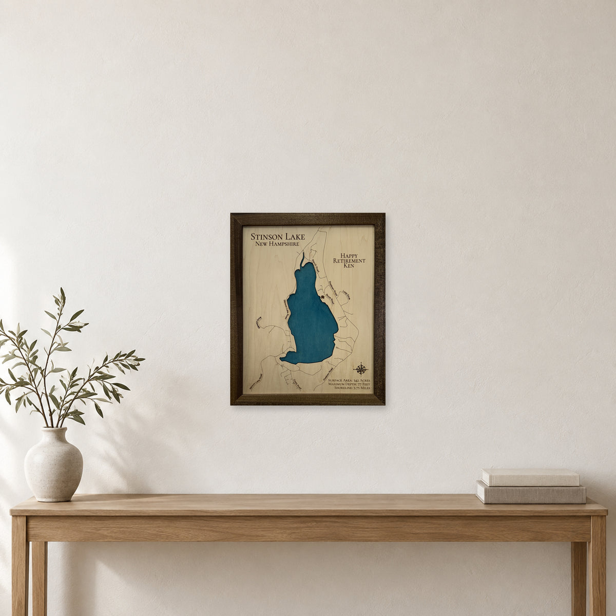 Stinson Retirement wood map — single layer, staged room mockup