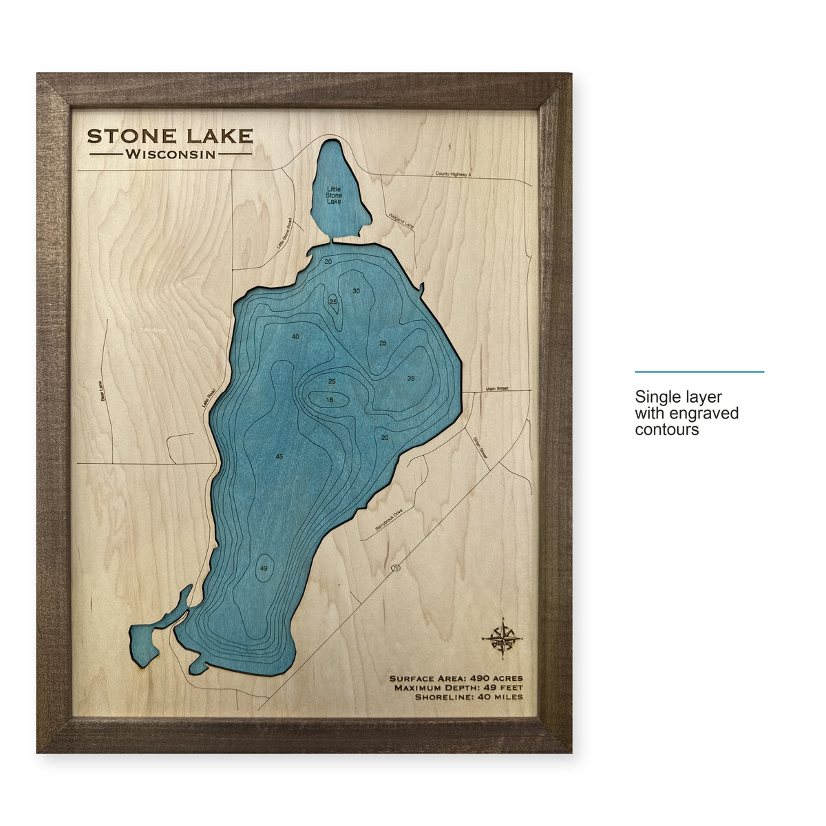 Stone Wisconsin wood map — single layer with engraved contours, layer option shown