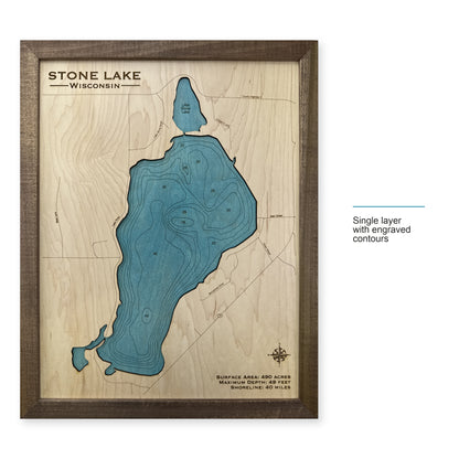 Stone Wisconsin wood map — single layer with engraved contours, layer option shown