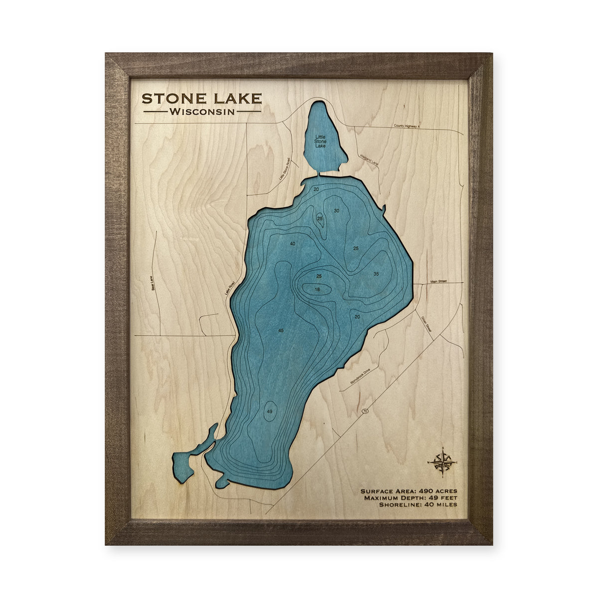 Stone Wisconsin wood map — single layer with engraved contours, white background