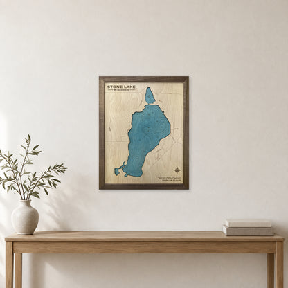 Stone Wisconsin wood map — single layer with engraved contours, staged room mockup