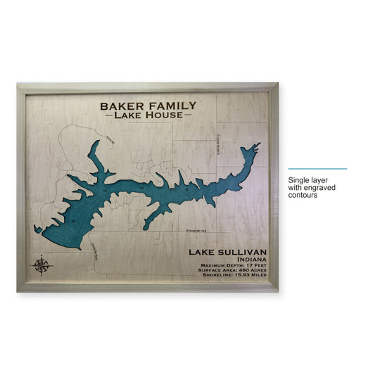 Sullivan Baker wood map — single layer with engraved contours, layer option shown