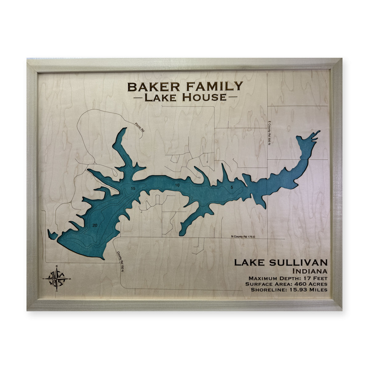 Sullivan Baker wood map — single layer with engraved contours, white background