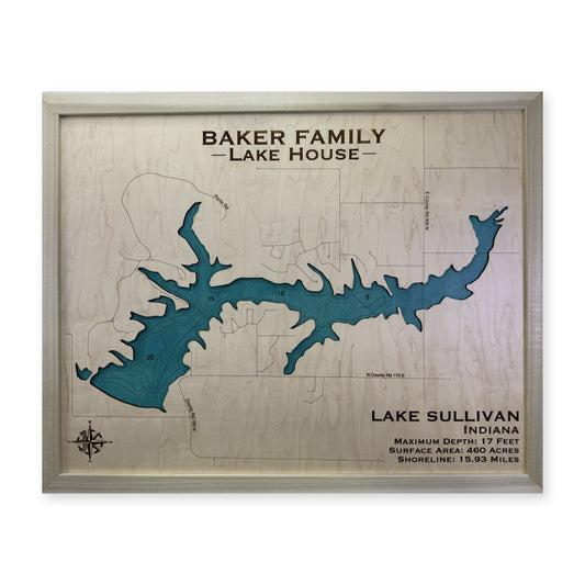 Sullivan Baker wood map — single layer with engraved contours, white background
