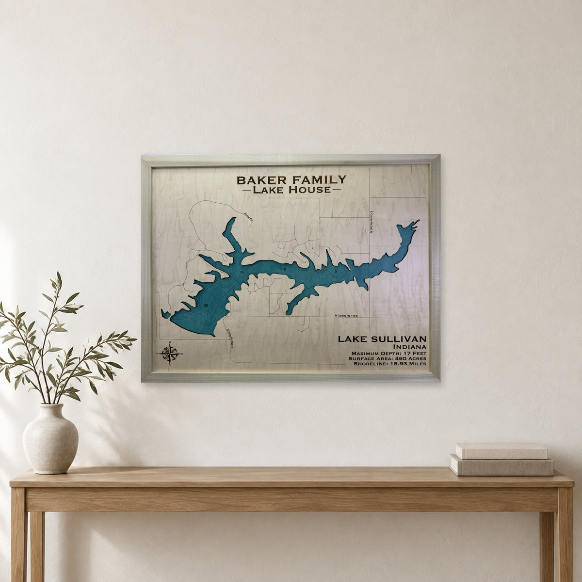 Sullivan Baker wood map — single layer with engraved contours, staged room mockup